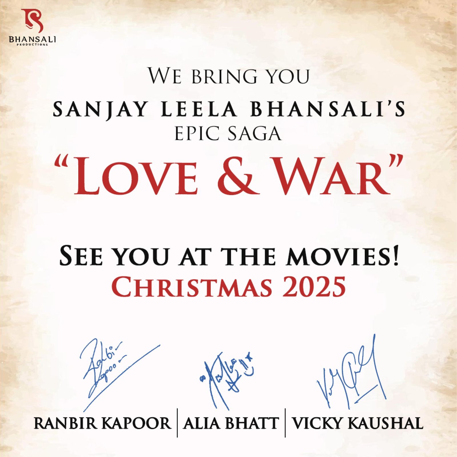 संजय लीला भंसाली की अगली फिल्म लव एंड वॉर' में रणबीर कपूर, आलिया भट्ट, और विक्की कौशल आएंगे नजर, क्रिसमस 2025 को होगी रिलीज